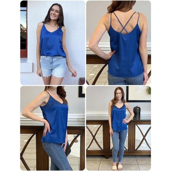 Womens Satin Camisole Tank Tops V Neck Blue - Picture 3 of 6